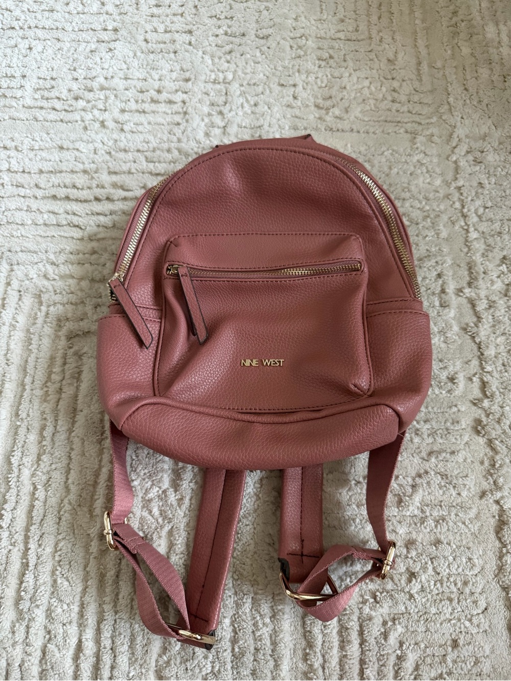 Nine West Dusty Rose Pink Pebbled Backpack Gold Hardware Front Zip Pocket